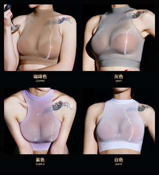 Oil Glossy Shiny Sleeveless Bustier Crop Top Women Sexy Nylons Tank Tops Cropped Feminino Croptop See Through Transparent Camis alodia store