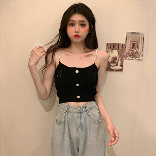 Knitted Ropa De Mujer Tank Solid Cami Y2k Crop Sexy Korean Women Fashion Halter Sleeveless Croptop Button White High Street Top alodia store
