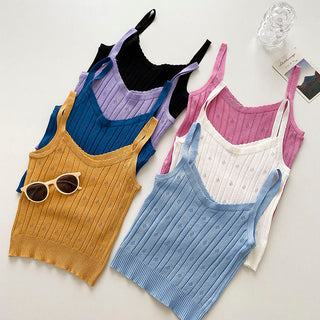 Knitted Tank Cropped Sleeveless Cami Top Y2k Fashion Halter Hollow Out Ropa De Mujer Blackless Sexy Purple Croptop Women Clothes alodia store