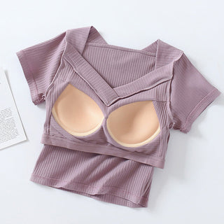 Tshirt For Women With Chest Pad Croptop Tops Tee V Neck Short Sleeve Sexy alodia store