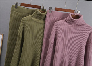 New Casual Two Pieces Turtle Neck Sweater and Midi Skirt Female Warm Suits with Skirt Alodia Store