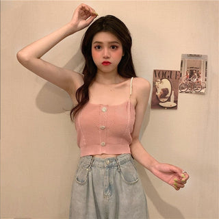 Knitted Ropa De Mujer Tank Solid Cami Y2k Crop Sexy Korean Women Fashion Halter Sleeveless Croptop Button White High Street Top alodia store