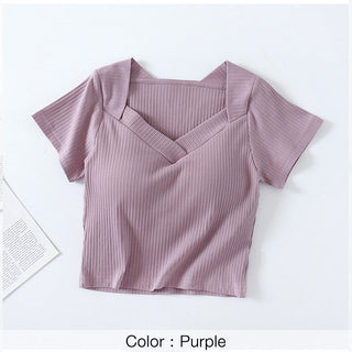 Tshirt For Women With Chest Pad Croptop Tops Tee V Neck Short Sleeve Sexy alodia store
