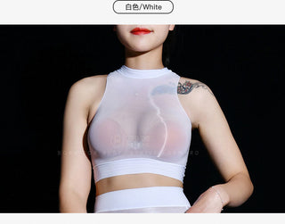 Oil Glossy Shiny Sleeveless Bustier Crop Top Women Sexy Nylons Tank Tops Cropped Feminino Croptop See Through Transparent Camis alodia store