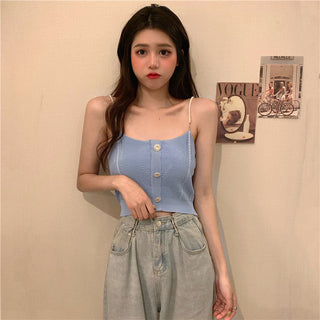 Knitted Ropa De Mujer Tank Solid Cami Y2k Crop Sexy Korean Women Fashion Halter Sleeveless Croptop Button White High Street Top alodia store