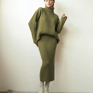 New Casual Two Pieces Turtle Neck Sweater and Midi Skirt Female Warm Suits with Skirt Alodia Store