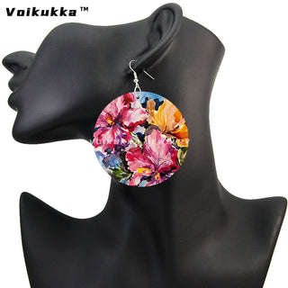 Voikukka Jewelry 6 CM Circle Floral Double-sided Printing Flowers Country Style Wooden Pendant Drop Fashion Earrings For Women Alodia Store