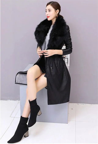 Long Leather Coat Female Outerwear With Belt M-4XL Alodia Store