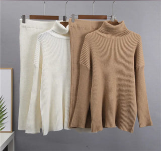 New Casual Two Pieces Turtle Neck Sweater and Midi Skirt Female Warm Suits with Skirt Alodia Store