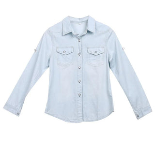 VS&LLWQ Women Fashion Blue Denim Shirts Women Girls Autumn Casual Long Sleeve Solid Blue Two Pockets Cotton Blend Tops 2020 New Alodia Store