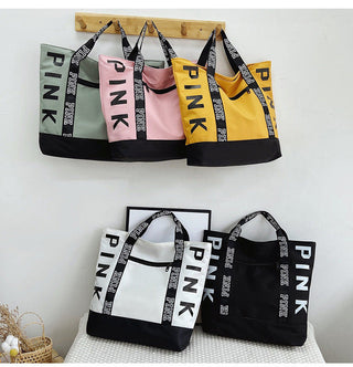 Colorblock Pink Letter Graphic Tote Handbags nylon fabric Alodia Store