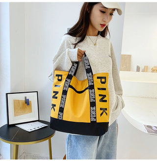 Colorblock Pink Letter Graphic Tote Handbags nylon fabric Alodia Store
