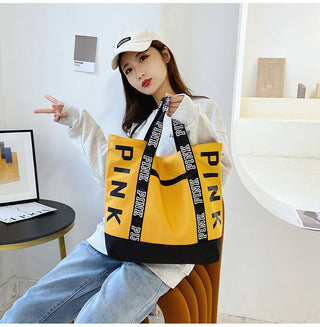 Colorblock Pink Letter Graphic Tote Handbags nylon fabric Alodia Store