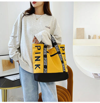 Colorblock Pink Letter Graphic Tote Handbags nylon fabric Alodia Store