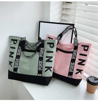 Colorblock Pink Letter Graphic Tote Handbags nylon fabric Alodia Store