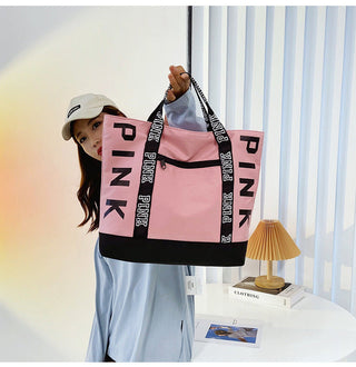 Colorblock Pink Letter Graphic Tote Handbags nylon fabric Alodia Store