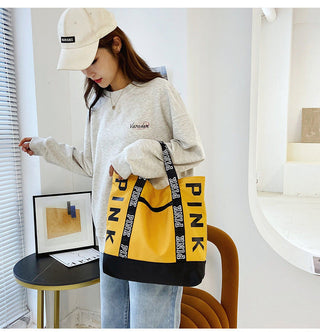 Colorblock Pink Letter Graphic Tote Handbags nylon fabric Alodia Store