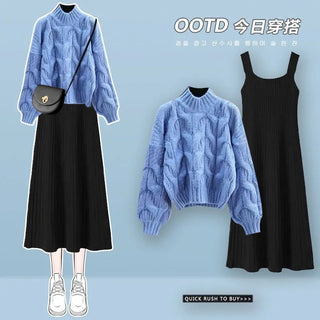 Knitted Sweater Strap Skirt Two Piece Korean Elegant Pullover Dress Suit Alodia Store