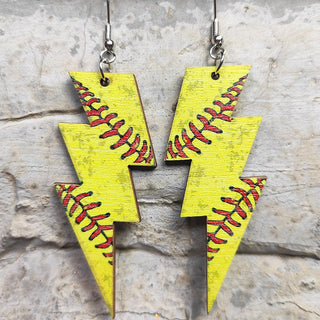Laser Cutout Baseball Softball Sport Style Lightning Bolt Shape Wooden Dangle Earrings for Women Sproty Wood Charms Jewelry Alodia Store