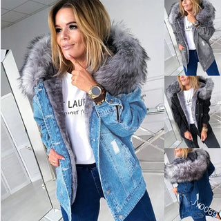 Fashion Hooded Big Fur Collar Denim Jacket Women Alodia Store