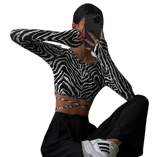 Sexy Backless Lace ups Pullover Tees Women Autumn Black O-neck Slim Longsleeve Short T-Shirt Alodia Store