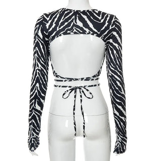 Sexy Backless Lace ups Pullover Tees Women Autumn Black O-neck Slim Longsleeve Short T-Shirt Alodia Store