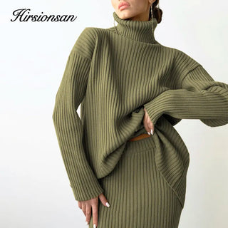 New Casual Two Pieces Turtle Neck Sweater and Midi Skirt Female Warm Suits with Skirt Alodia Store