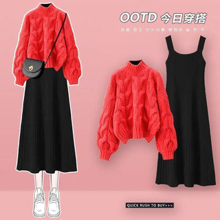 Knitted Sweater Strap Skirt Two Piece Korean Elegant Pullover Dress Suit Alodia Store