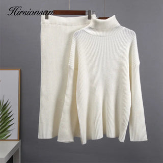 New Casual Two Pieces Turtle Neck Sweater and Midi Skirt Female Warm Suits with Skirt Alodia Store
