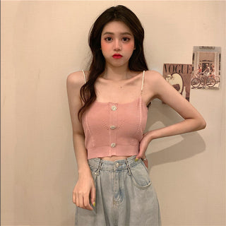 Knitted Ropa De Mujer Tank Solid Cami Y2k Crop Sexy Korean Women Fashion Halter Sleeveless Croptop Button White High Street Top alodia store