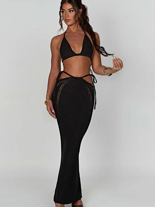 Mozision Hollow Out Knit Dress Set Women Lace-up Crop Top long skirt Alodia Store