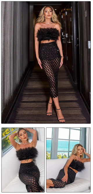 VC Two Piece Set For Women feather Summer 2023 Party Cropped Top And Long Skirt Alodia Store