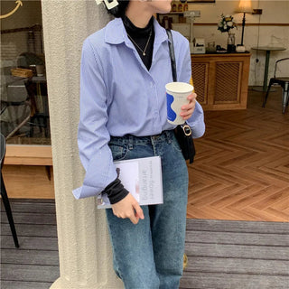 New Women's Simple Loose Tops with Pinstripes Loose Longsleeved Shirts Women Shirts  Button Up Shirt Korean Fashion Shirts Women Alodia Store