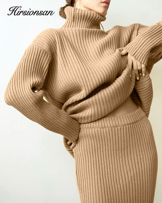 New Casual Two Pieces Turtle Neck Sweater and Midi Skirt Female Warm Suits with Skirt Alodia Store