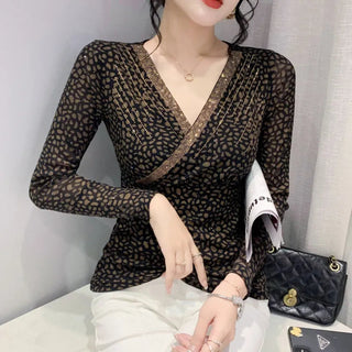 Leopard Mesh T Shirt Women V-neck Diamonds Sexy Tight Short T-shirt Female Long Sleeve Vintage Wrap Tshirt Femme Thin Slim Alodia Store