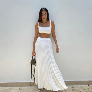 Pleated Knitted Skirt Suits For Women Long Dress Sets Summer Alodia Store