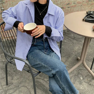New Women's Simple Loose Tops with Pinstripes Loose Longsleeved Shirts Women Shirts  Button Up Shirt Korean Fashion Shirts Women Alodia Store