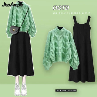 Knitted Sweater Strap Skirt Two Piece Korean Elegant Pullover Dress Suit Alodia Store