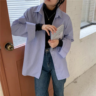 New Women's Simple Loose Tops with Pinstripes Loose Longsleeved Shirts Women Shirts  Button Up Shirt Korean Fashion Shirts Women Alodia Store