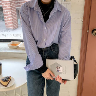 New Women's Simple Loose Tops with Pinstripes Loose Longsleeved Shirts Women Shirts  Button Up Shirt Korean Fashion Shirts Women Alodia Store
