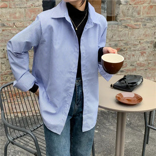New Women's Simple Loose Tops with Pinstripes Loose Longsleeved Shirts Women Shirts  Button Up Shirt Korean Fashion Shirts Women Alodia Store