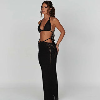 Mozision Hollow Out Knit Dress Set Women Lace-up Crop Top long skirt Alodia Store