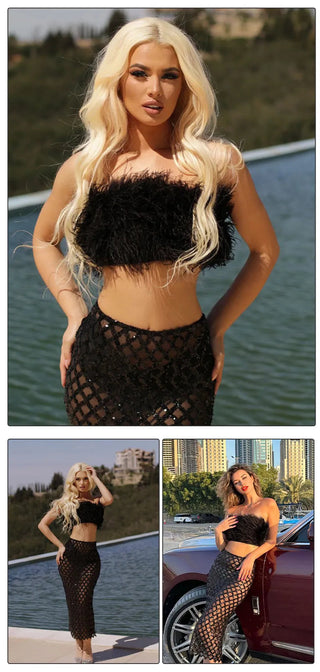 VC Two Piece Set For Women feather Summer 2023 Party Cropped Top And Long Skirt Alodia Store