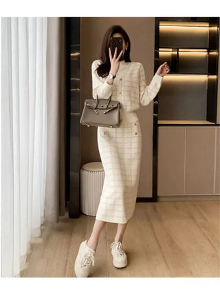 Elegant Half Turtleneck Plaid Sweaters Tops+slim High Waist Knitwear Skirts 2 Piece Alodia Store