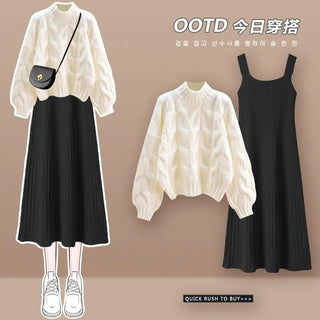 Knitted Sweater Strap Skirt Two Piece Korean Elegant Pullover Dress Suit Alodia Store