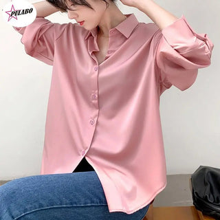 Satin Shirt Womens Clothing Silk Shirts Vintage Blouse Office Lady Sheer Top Longsleeve Dress Shirt Ladies Overshirt Alodia Store