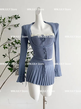 korean Grey Knitted Suit Woman Y2k Crop Tops Sweater Alodia Store