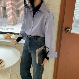 New Women's Simple Loose Tops with Pinstripes Loose Longsleeved Shirts Women Shirts  Button Up Shirt Korean Fashion Shirts Women Alodia Store