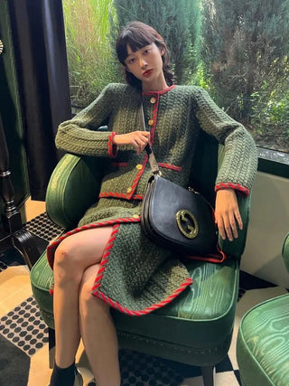 Two Peice Sets Vintage Knitted Cardigan Full  Elastic Waist  Knee-Length Skirt 2 Piece Set Luxury Alodia Store