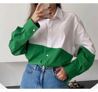 MiuKoMiYa Spring 2022 Womens Shirt Lapel Stitching Green Shirt Top Women LongSleeve White Top Cotton Shirt Alodia Store